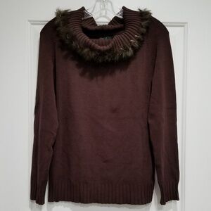 Escio Brown Sweater with Cowl Neck & Fur Trim